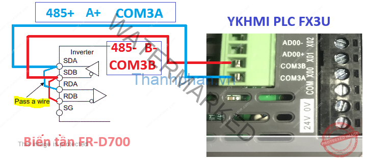 Sơ đồ kết nối RS-485 biến tần Mitsubishi FR-D700 và YKHMI PLC FX3U