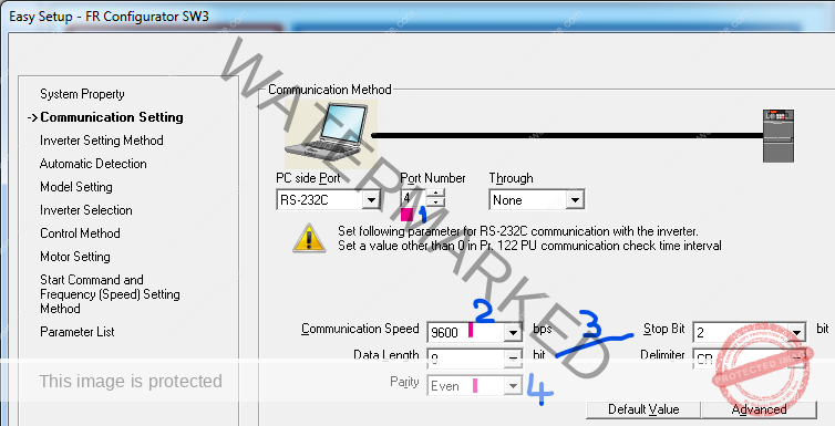 Thiết lập kết nối phần mềm FR Configurator  và biến tần FR-D700 qua RS232C