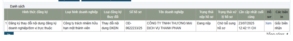 Trạng thái hồ sơ: đang nộp